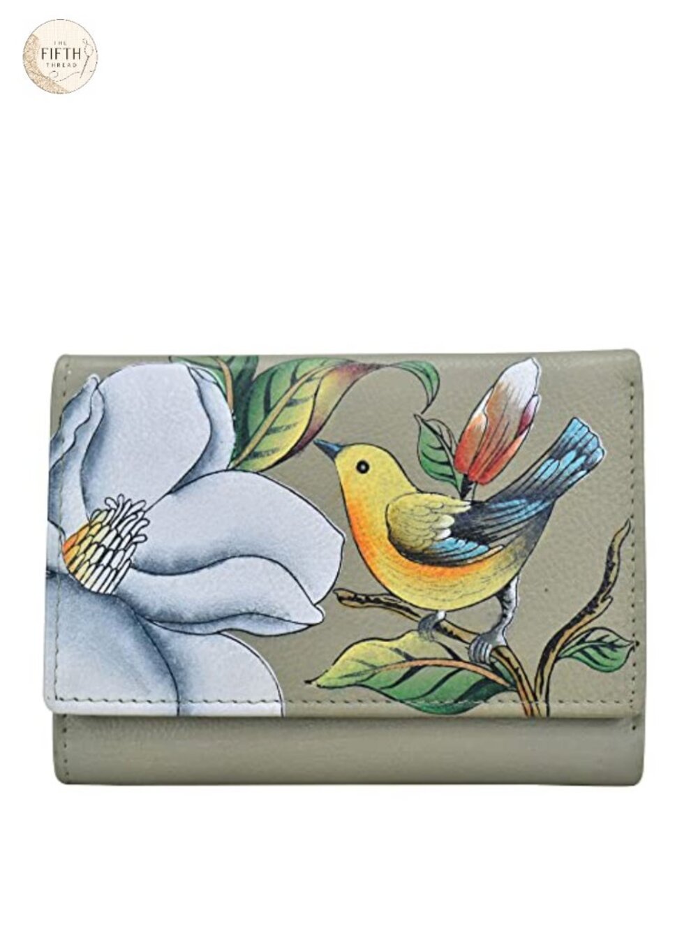 Hand-Painted Genuine Leather Tri-Fold Wallet with Bird Artwork